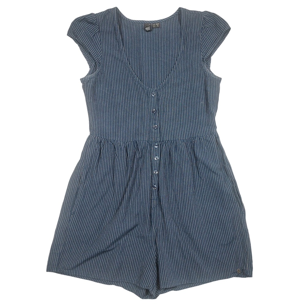 Volcom Romper Womens XS Blue Pinstripe Button Front Cap Sleeve Cotton Viscose
